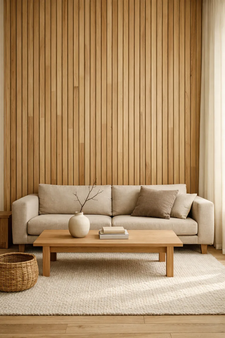 A Japandi living room with a vertical raw oak slat accent wall, a beige linen sofa, a light-wood coffee table, and an ivory rug lit by soft daylight from a side window.