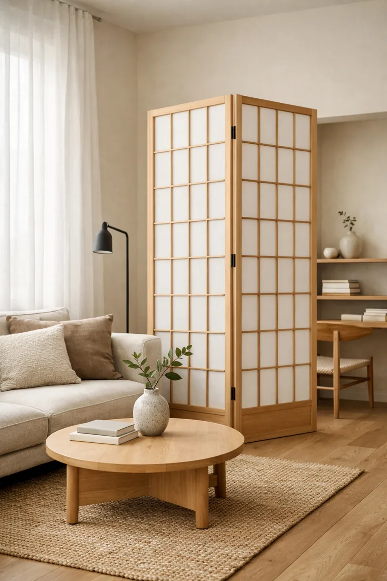 A neutral Japandi living room with a natural wood Shoji screen divider, beige linen sofa, light wood coffee table, jute rug, and soft daylight through sheer curtains.