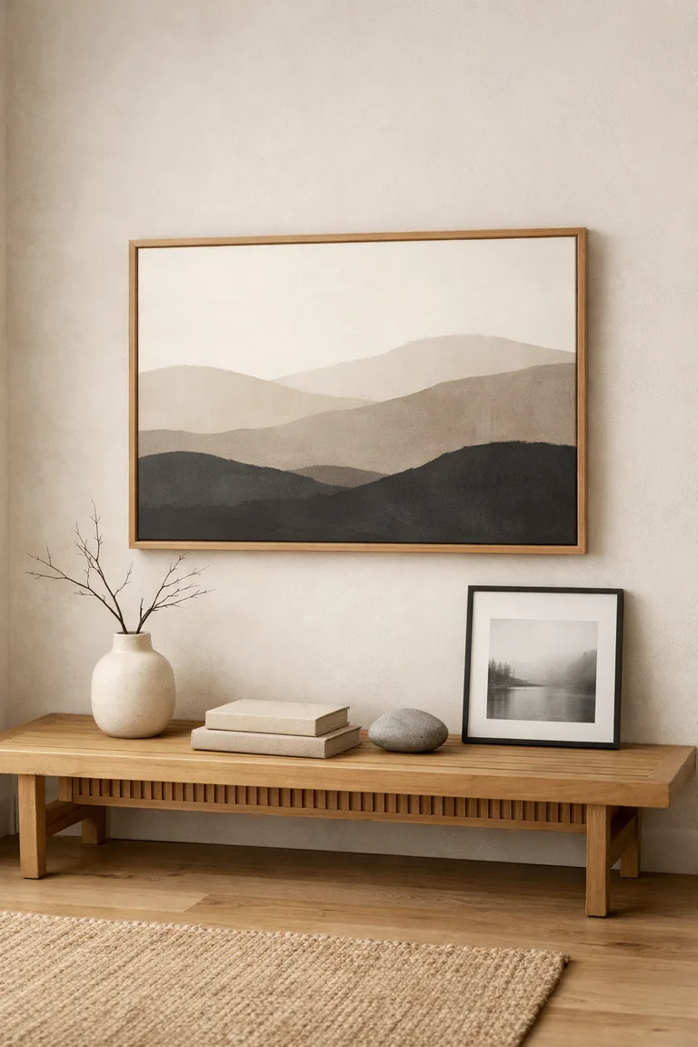 A pale plaster wall with a large neutral abstract artwork in a thin oak frame above a low light-oak bench, with a smaller black-and-white framed photo leaning on the bench next to a ceramic vase and a few minimal decor objects.