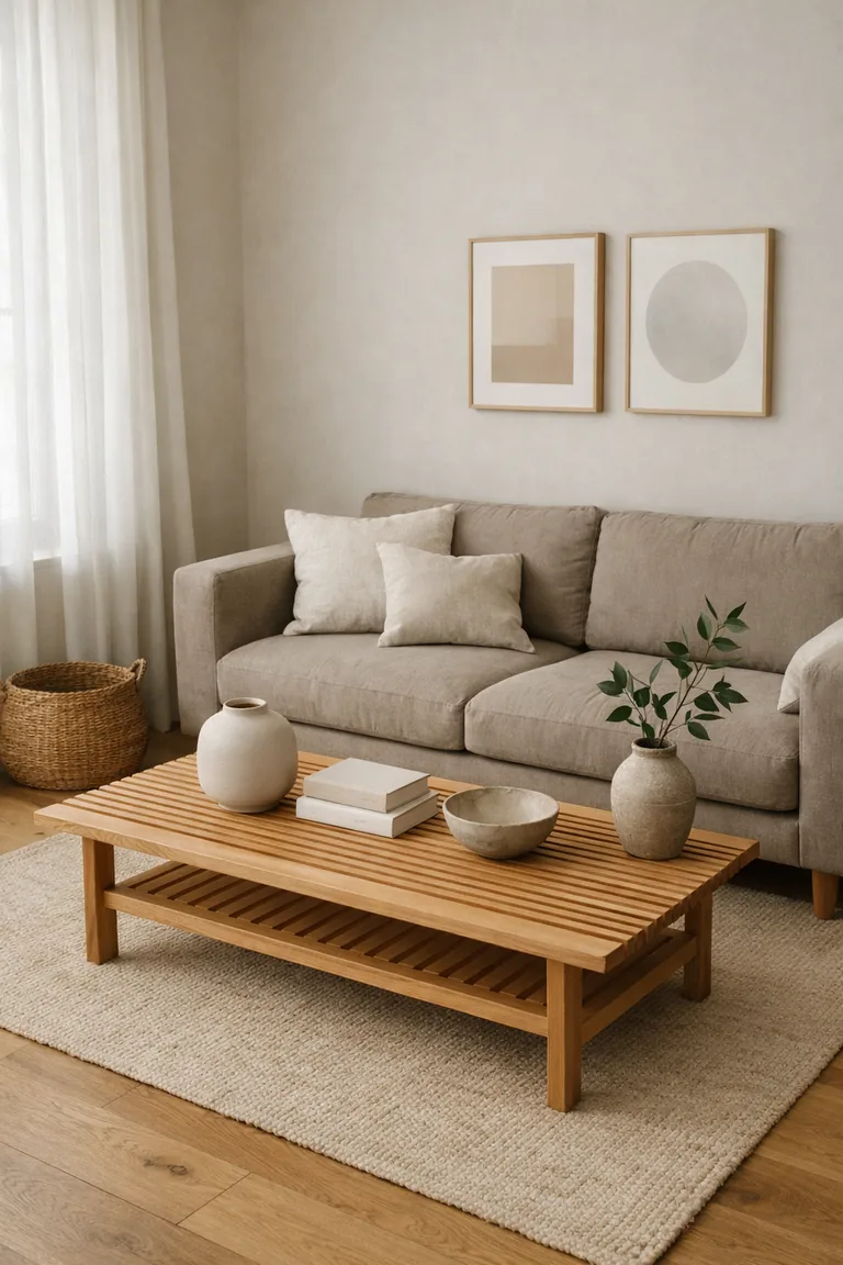 A neutral Japandi living room with a taupe linen sofa, beige rug, light oak coffee table, greige walls, and soft daylight through sheer curtains.