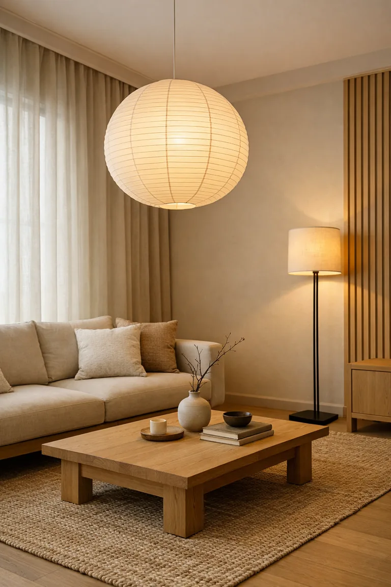 A neutral Japandi living room with an off-white paper lantern pendant, a black minimalist floor lamp with a linen shade, a light beige sofa, and a natural oak coffee table on a jute rug.