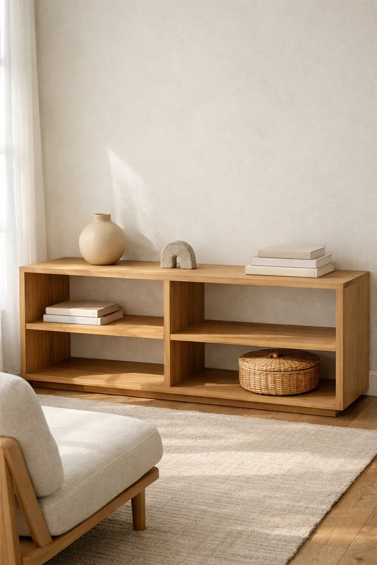 Low light-oak open shelving with a few neutral books, a ceramic vase, a small stone decor piece, and a woven basket against a white wall in soft daylight.