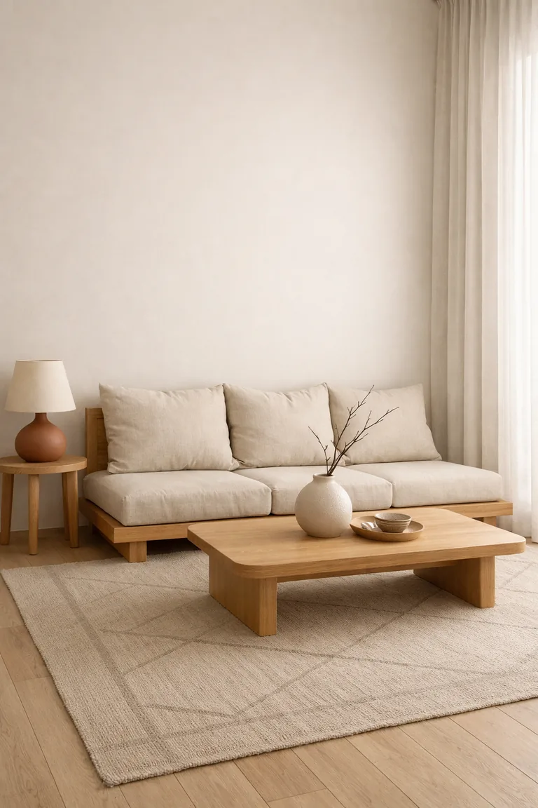 A Japandi living room with a beige linen sofa, light oak coffee table, and a sandy flatweave rug featuring a faint taupe geometric pattern under soft natural light.