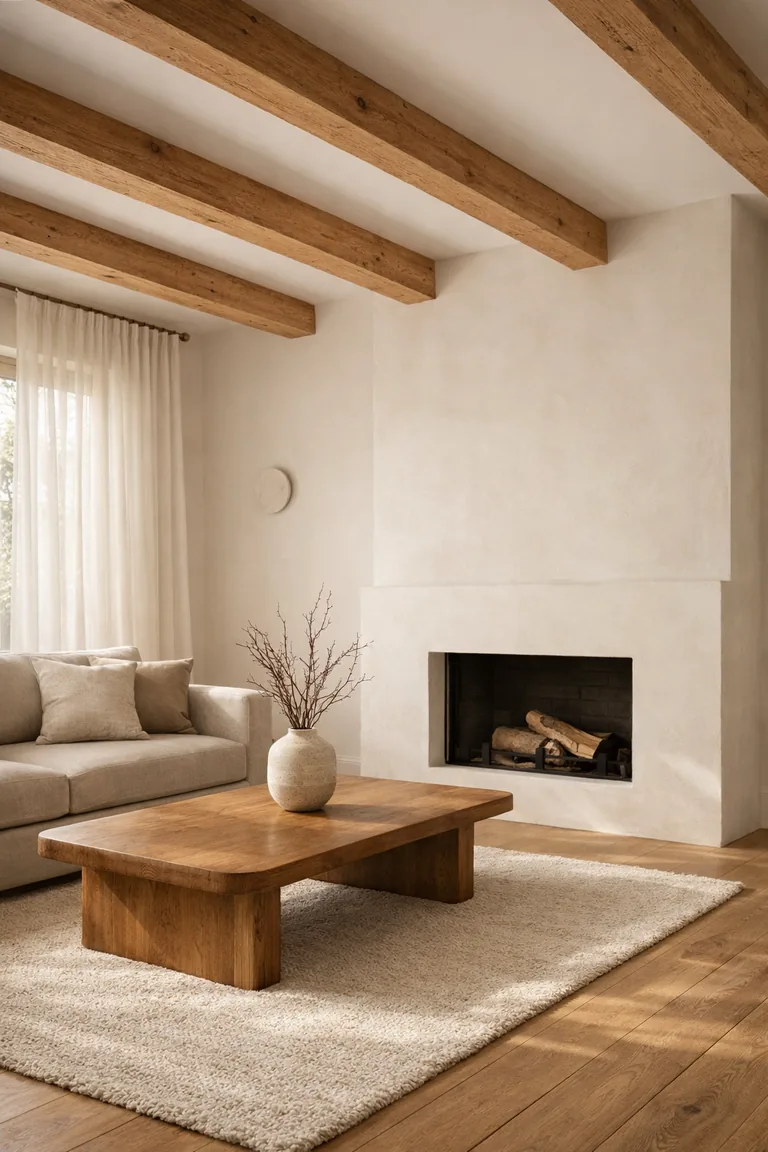 Japandi living room with exposed oak ceiling beams, a minimalist plaster fireplace, beige linen sofa, light wood floors, and a simple wood coffee table in soft daylight.