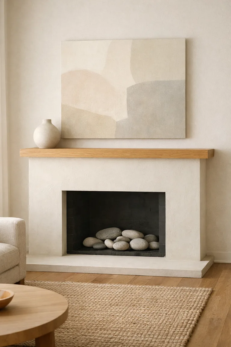 Minimalist off-white plaster fireplace with a light oak mantel, one neutral abstract artwork above, and a single matte ceramic vase on the mantel in a bright, calm living room.