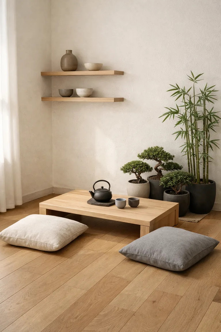 A calm Japandi corner with a low light-wood tea table, two linen floor cushions, bonsai and bamboo plants in ceramic pots, and minimalist floating shelves with simple ceramics in soft daylight.