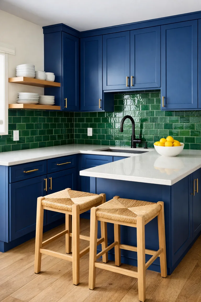 L-shaped kitchen with cobalt-blue shaker cabinets, white quartz counters, emerald-green tile backsplash, brass hardware, light oak floors, and a small peninsula with two woven-seat stools.