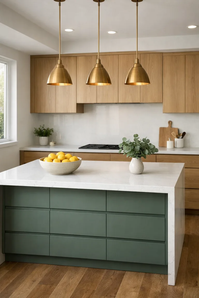 A bright kitchen with a central sage-green island featuring a white quartz waterfall countertop and three brass pendant lights above it.