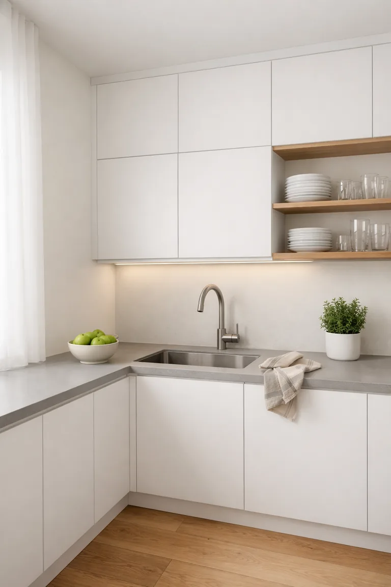 Minimalist kitchen with white handleless cabinets, light oak open shelves, pale gray quartz counters, and soft daylight from a window.
