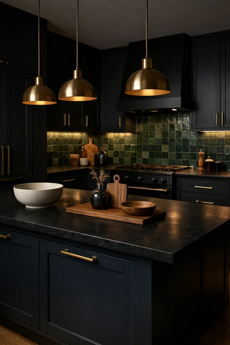 A dark kitchen with charcoal matte cabinets, a navy island, emerald tile backsplash, black countertops, brass pendant lights, and warm wood flooring.