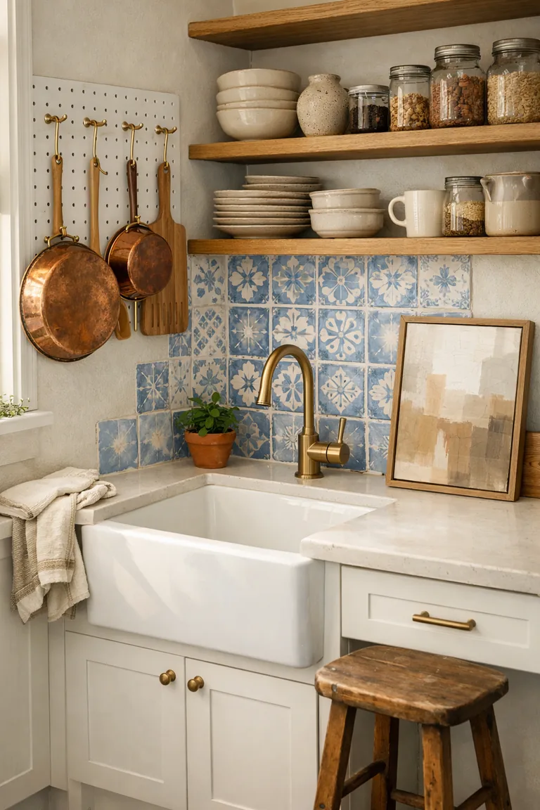 A bright kitchen with a hand-painted tile backsplash, oak open shelves with pottery and jars, a white pegboard holding copper pans and wooden utensils, and a vintage wooden stool by a quartz counter.