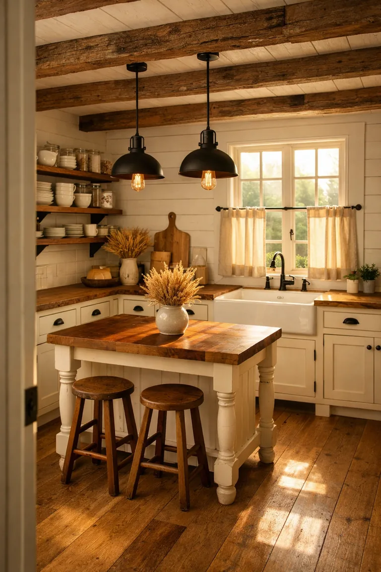 A farmhouse kitchen with exposed wood ceiling beams, white shiplap walls, open shelves, an apron-front sink under a window, a butcher-block island, and black metal pendant lights.