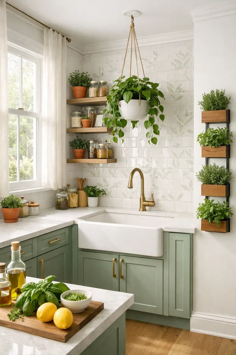 Sage green shaker-cabinet kitchen with white counters, a pale botanical-pattern backsplash, potted herbs on open shelves, a hanging trailing plant, and a slim vertical herb garden wall in soft daylight.