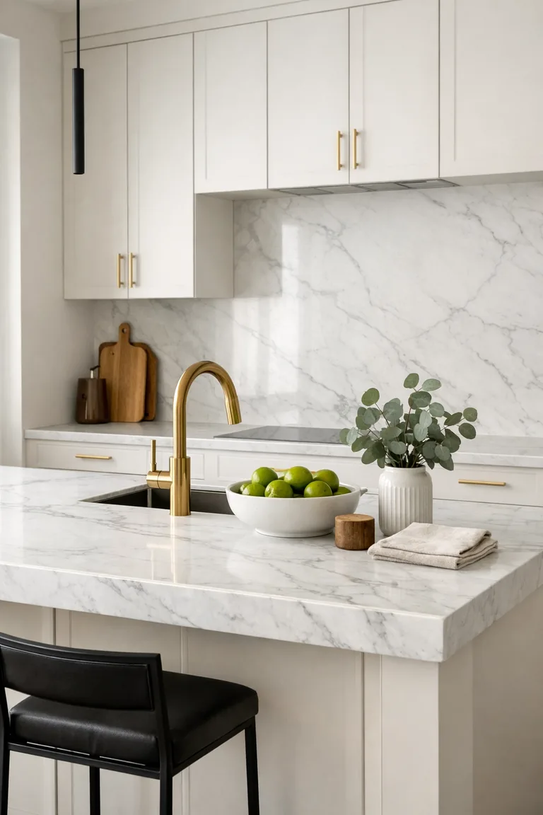 Modern kitchen with a white marble slab backsplash and matching marble island countertop, white cabinets, brushed gold faucet and hardware, and black pendant lights.