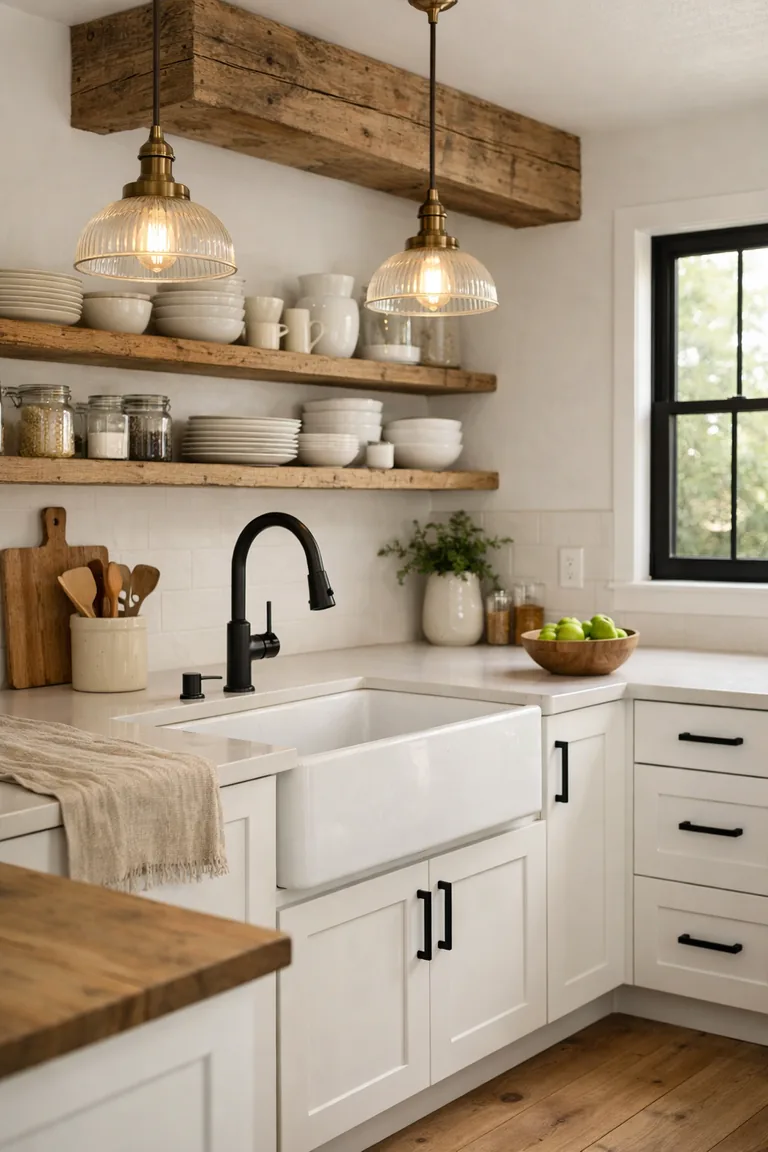 Modern farmhouse kitchen with white shaker cabinets, matte black hardware and faucet, a white apron-front sink, reclaimed wood open shelves, light oak floors, and warm pendant lighting.