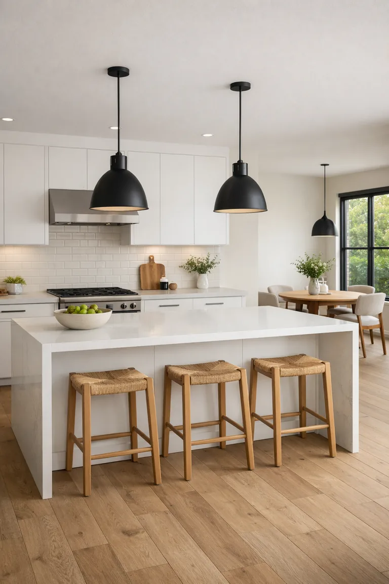 An open-concept kitchen with a white quartz waterfall island, light oak stools, white cabinets, black pendant lights, black-framed windows, and a dining area with a round wood table in the background.