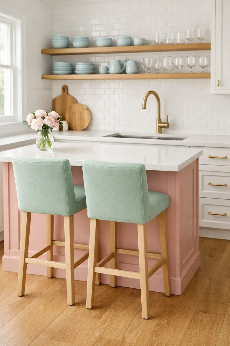Bright kitchen with a blush pink island, mint green barstools, baby blue dishes on open shelves, white countertops, brass hardware, and daylight from a left window.