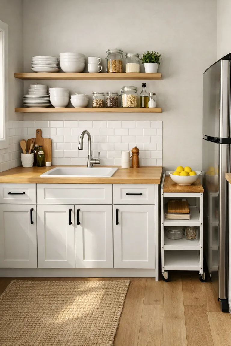 Compact kitchen with white lower cabinets, butcher-block countertop, subway tile backsplash, floating wood shelves with dishes and jars, and a slim rolling cart, lit by soft natural light.