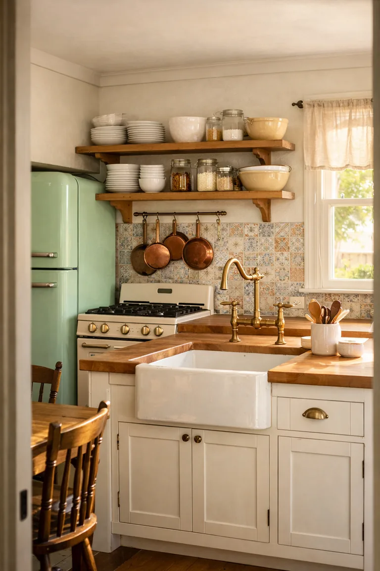 Pastel vintage-style kitchen with a mint retro refrigerator, cream range, white shaker island with butcher-block top, patterned tile backsplash, brass faucet at a farmhouse sink, open wood shelves, and copper pots in warm window light.
