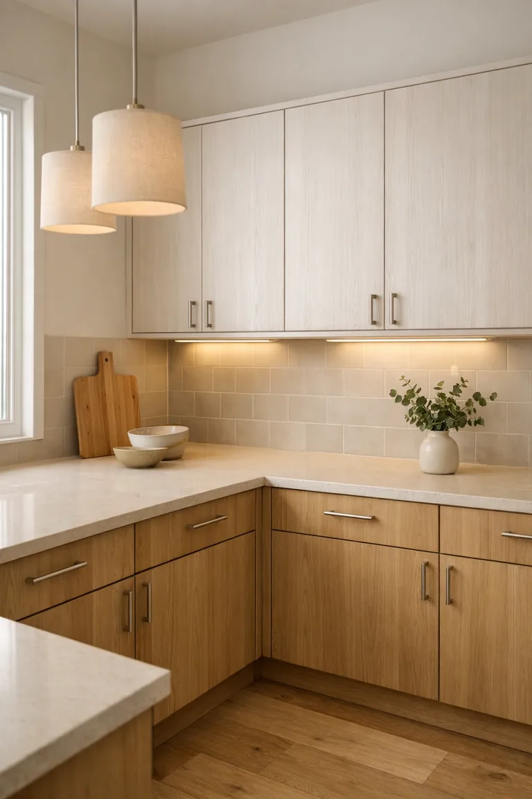 A warm neutral kitchen with light oak and whitewashed cabinets, beige quartz counters, a light greige tile backsplash, linen-shade pendants, and simple neutral accessories.