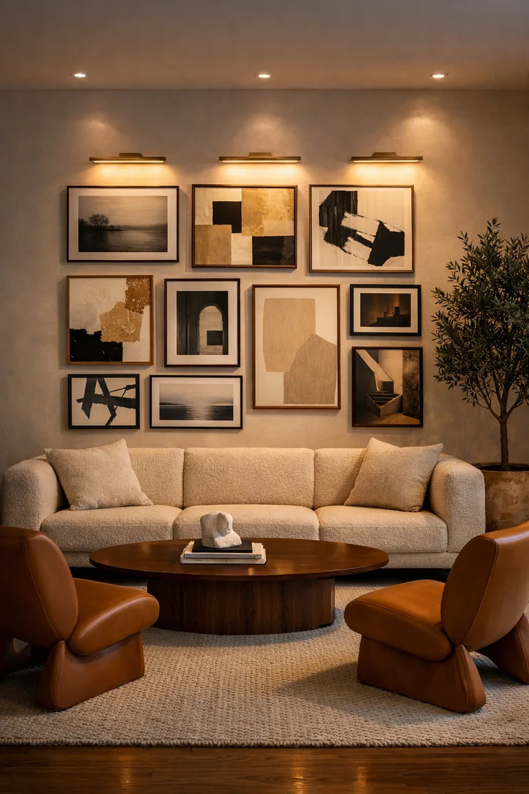 A photorealistic living room with a framed gallery wall, cream bouclé sofa, walnut coffee table with a marble sculpture and art books, caramel leather chairs, neutral rug, and picture lights illuminating the art.