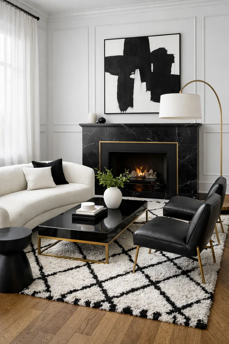 A black-and-white luxury living room with a white bouclé sofa, black leather chairs, a black glass-and-brass coffee table on a geometric rug, and a black marble fireplace with brass trim.