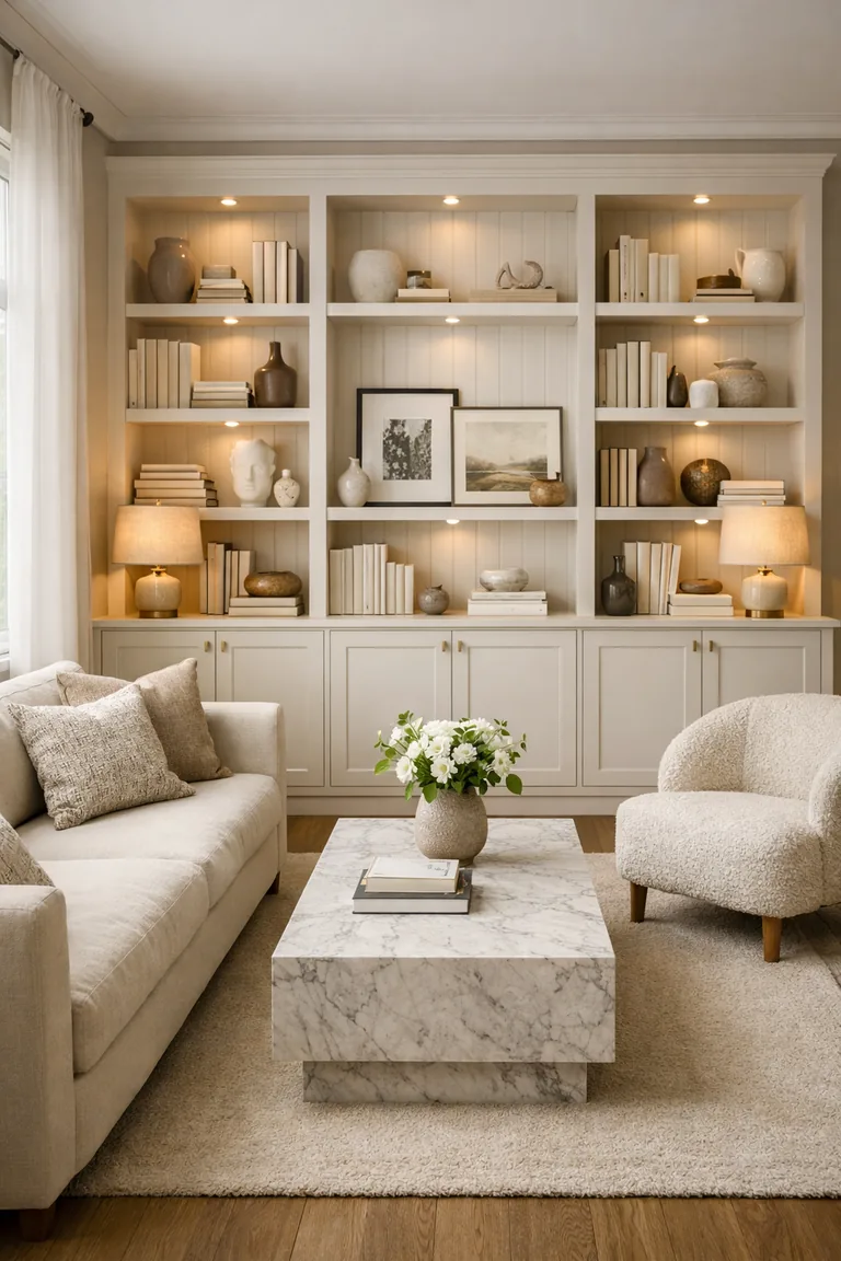 A bright living room with floor-to-ceiling custom built-in shelves, styled decor, closed lower cabinets, a cream sofa, a boucle chair, a marble coffee table, and a beige rug in soft daylight.