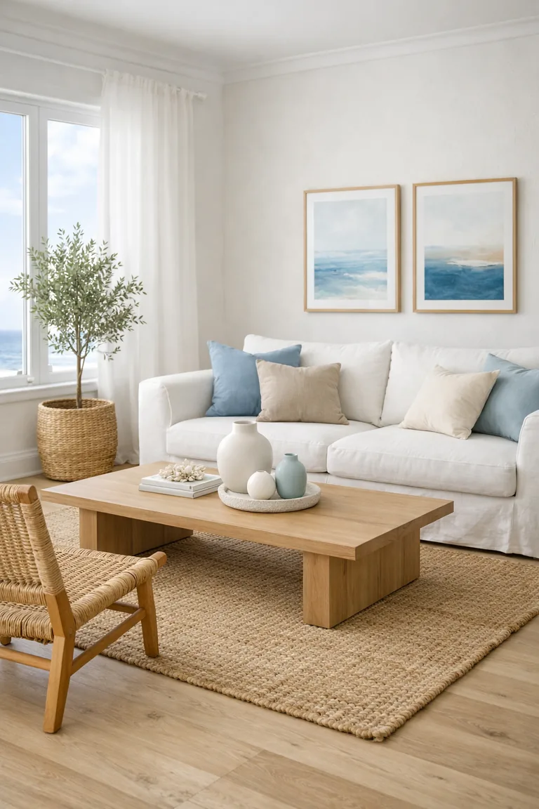 Bright coastal living room with a white linen sofa, blue and sand pillows, a rattan chair, jute rug, light oak coffee table, sheer white curtains, and sunlit windows.