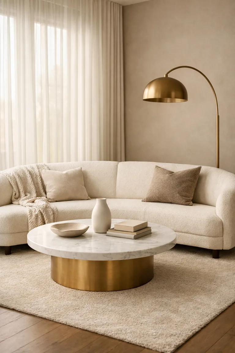 An ivory curved sofa sits on a beige rug with a round white marble coffee table on a brass base, styled with neutral decor, near sheer curtains and a brass arched floor lamp.