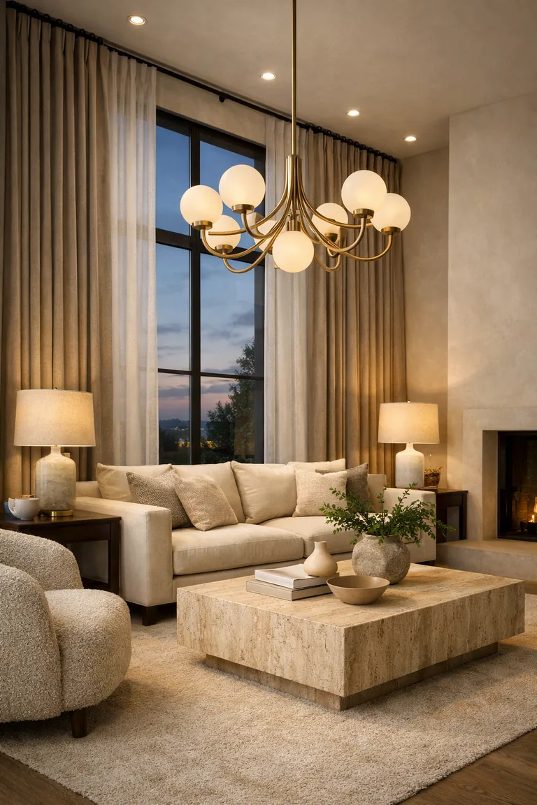 A luxe living room with floor-to-ceiling taupe velvet curtains and sheer white panels, a brass globe chandelier, a cream sofa, warm table lamps, and a travertine coffee table on a light wool rug.