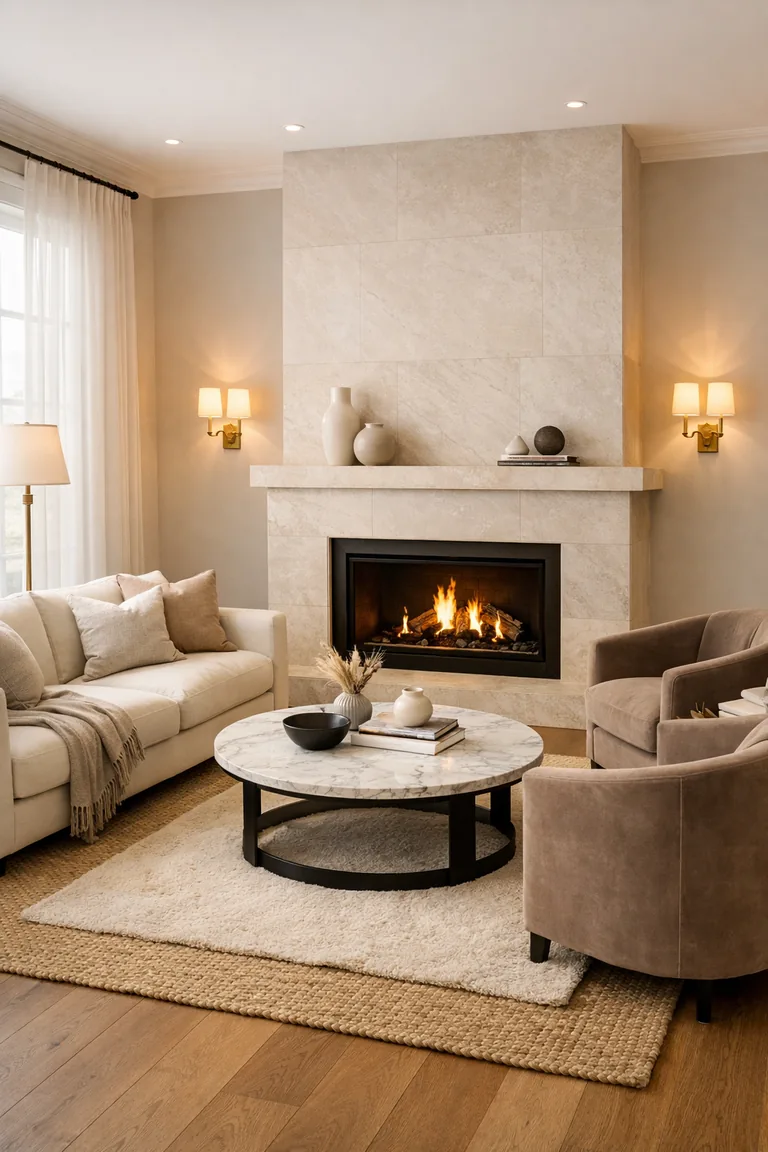 A luxurious living room with a light stone fireplace, an ivory sofa, taupe velvet armchairs, layered rugs, and a round marble coffee table under warm ambient lighting.