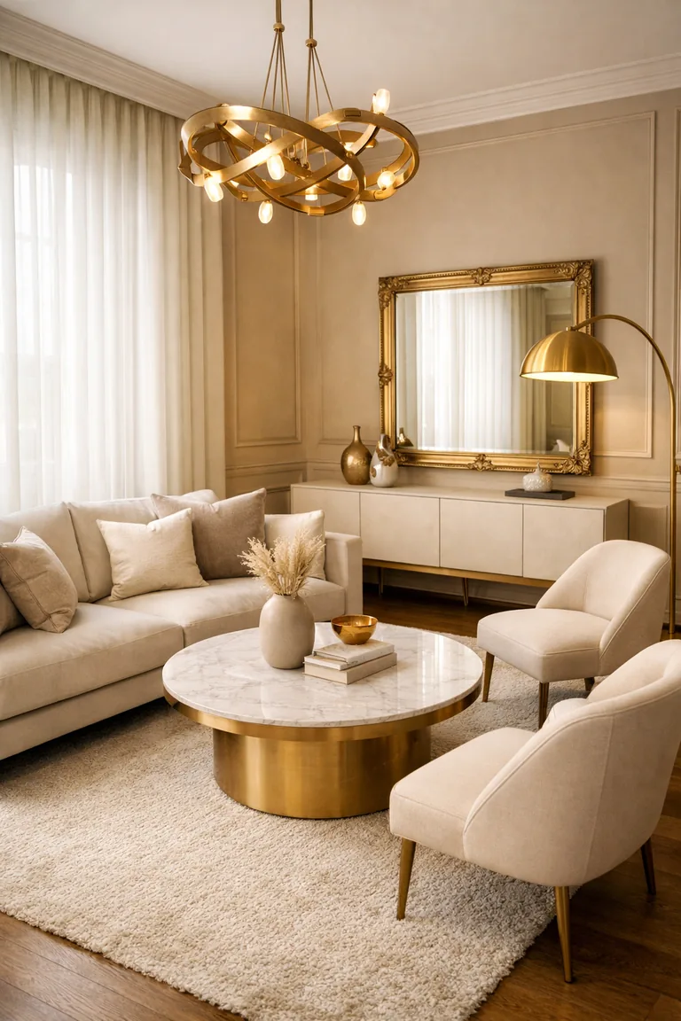 Cream and gold living room with a cream sofa, marble coffee table with a gold base, ivory rug, cream accent chairs, gold-framed mirror, sheer curtains, and warm lighting.