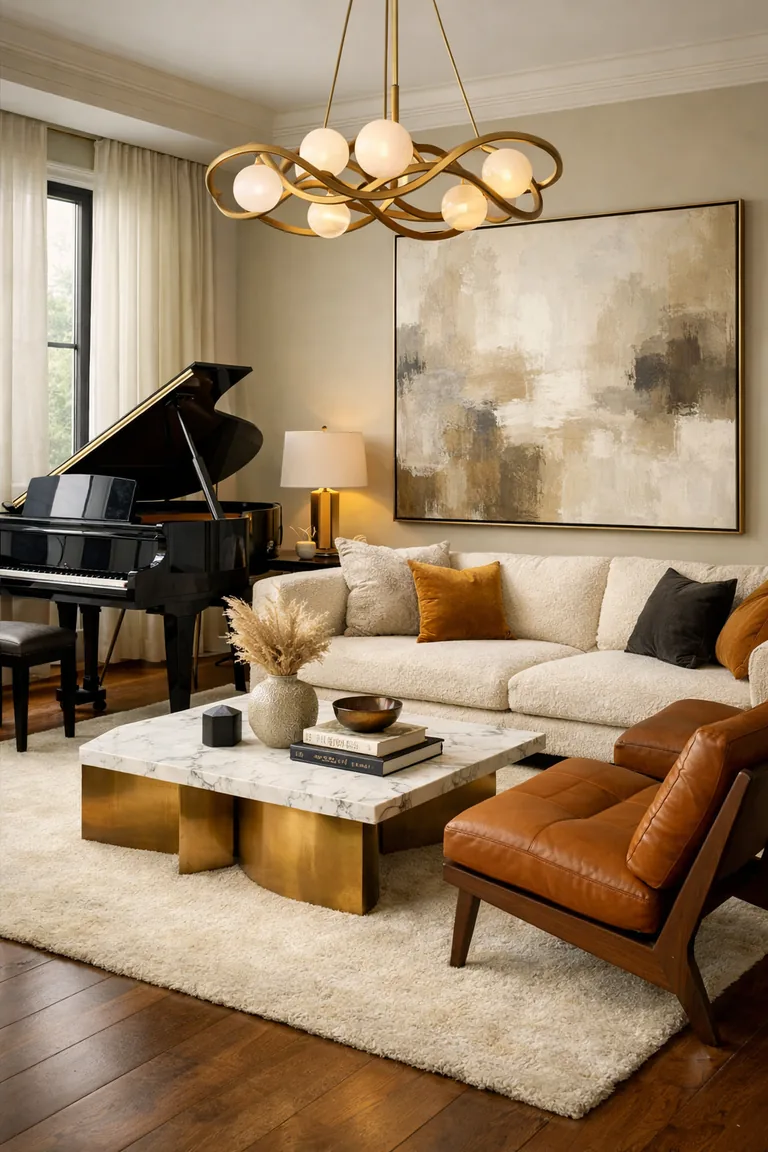 A luxury living room with a black grand piano, cream sectional sofa, leather chairs, abstract wall art, and a brass chandelier above a marble coffee table on an ivory rug.