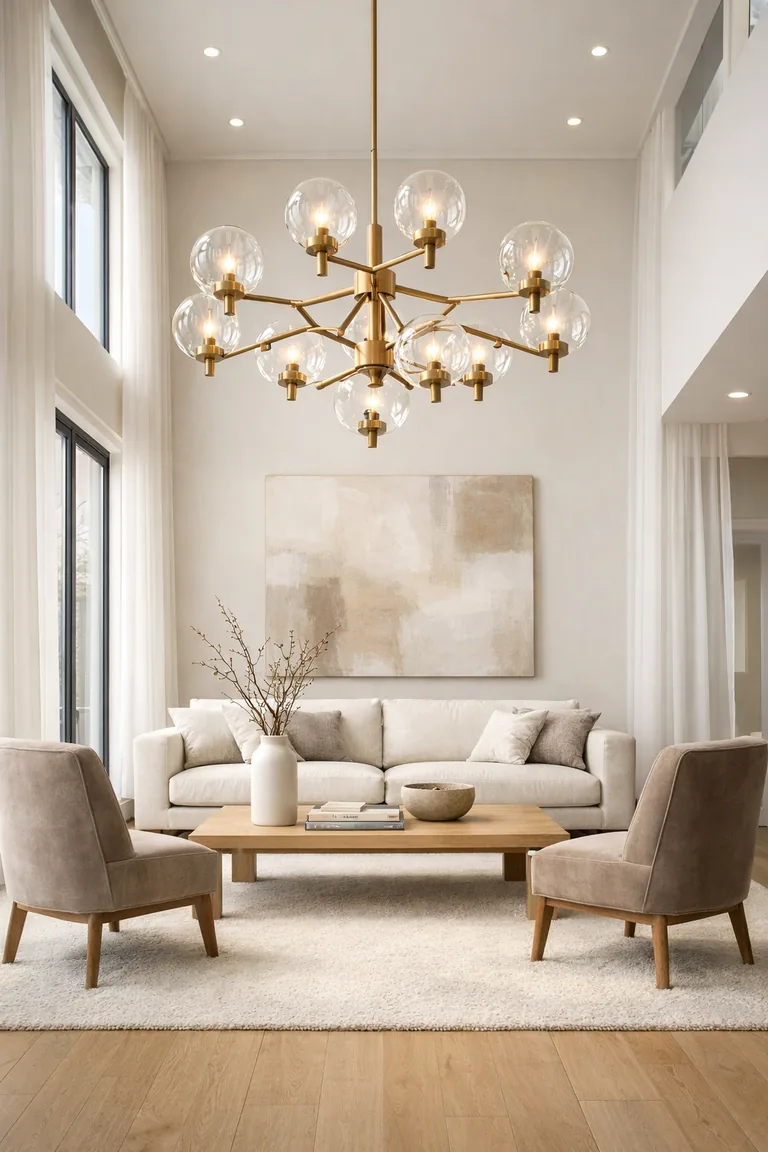 Modern luxury living room with a double-height ceiling, a large brass-and-glass chandelier, neutral seating on a cream rug, light oak floors, and floor-to-ceiling windows with sheer curtains.