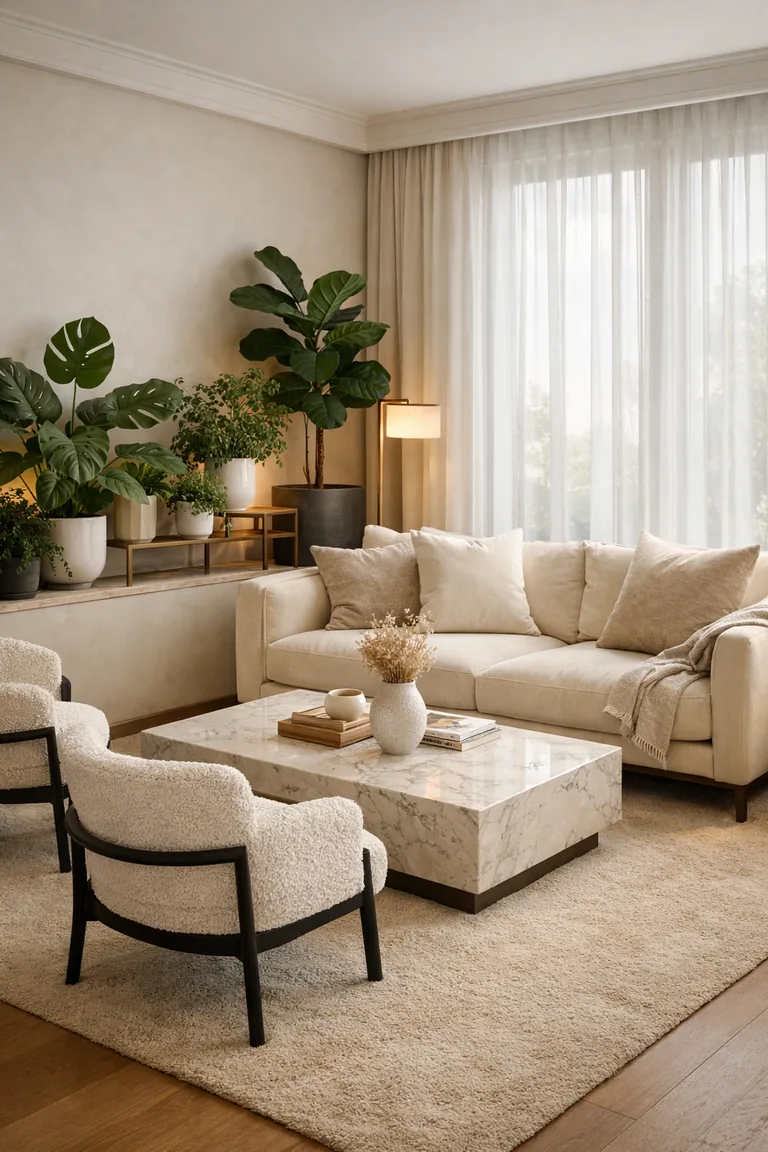 Elegant living room with a cream velvet sofa, bouclé chairs, a marble coffee table, and an indoor garden corner filled with green plants by tall windows with sheer curtains.