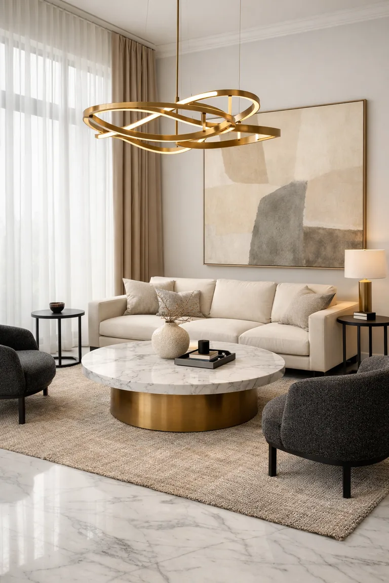A contemporary living room with a polished white marble floor, ivory sofa, charcoal boucle chairs, a round marble coffee table with a brass base, and a sculptural brass chandelier.