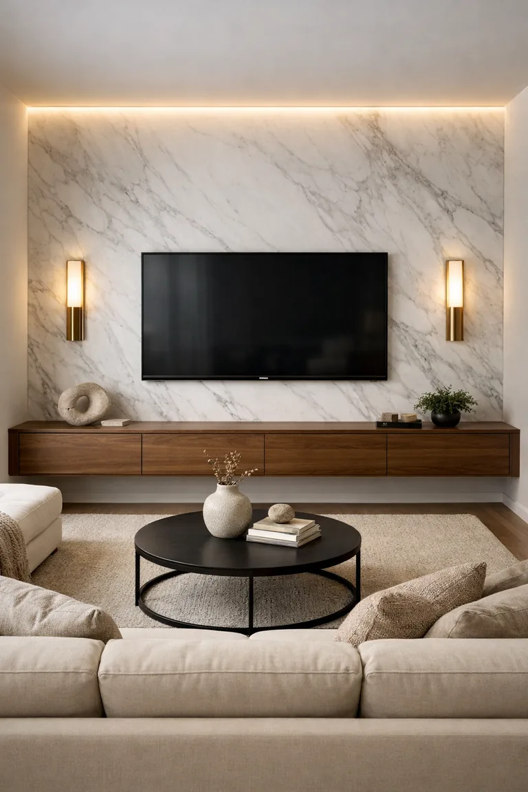 Living room with a floor-to-ceiling marble TV wall, floating walnut media cabinet, brass sconces, and a cream sectional facing a round black coffee table on a light rug.