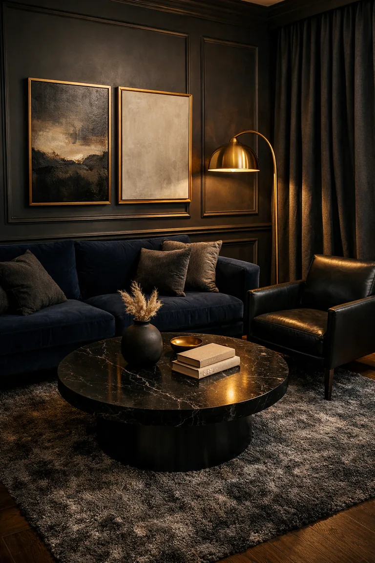 A dark luxury living room with a deep navy velvet sofa, black leather chair, black marble coffee table, and brushed gold accents under warm lighting.