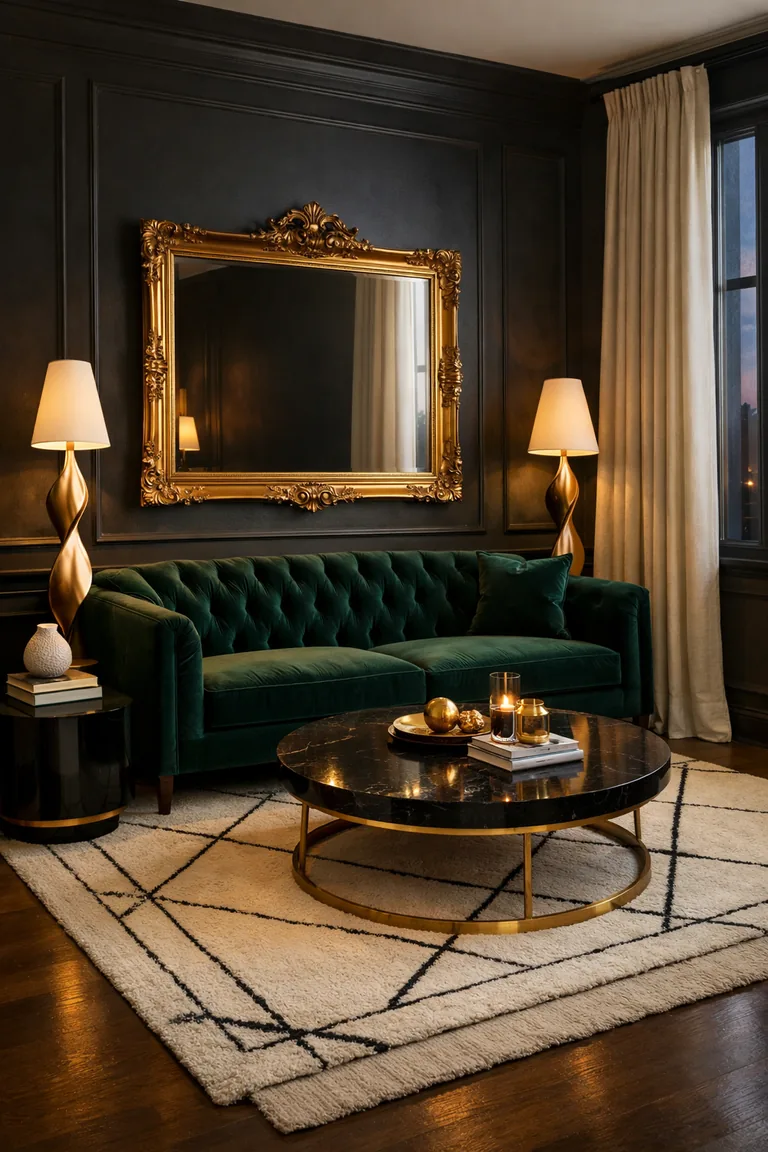 Living room with matte charcoal walls, an emerald velvet tufted sofa, a black marble coffee table with a brushed-gold base, two brushed-gold floor lamps, a gilt-framed mirror, cream curtains, and an ivory-and-black rug.