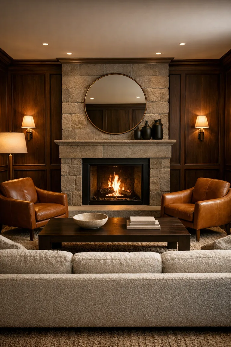 Dark walnut paneled living room with a lit stone fireplace, cream bouclé sofa, caramel leather armchairs, beige rug, dark wood coffee table, brass wall sconces, and a floor lamp.