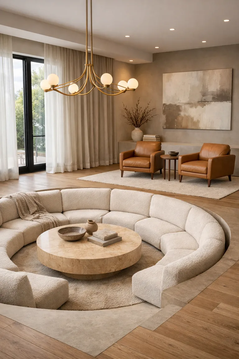 A spacious luxury living room with a sunken curved ivory sectional around a round travertine coffee table and a raised lounge area with tan leather armchairs, two neutral rugs, and tall sheer-draped windows.