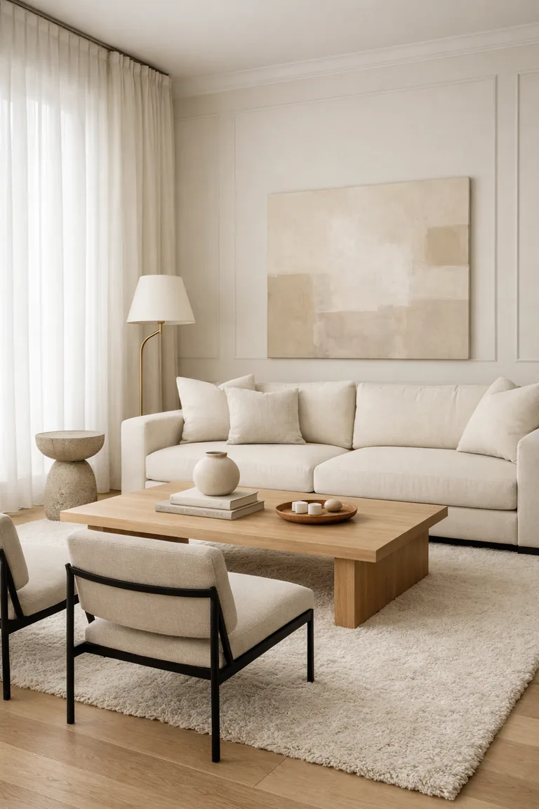 A warm neutral minimalist living room with a cream sofa, light oak coffee table, ivory rug, slim black accent chairs, sheer curtains, and a brass floor lamp.