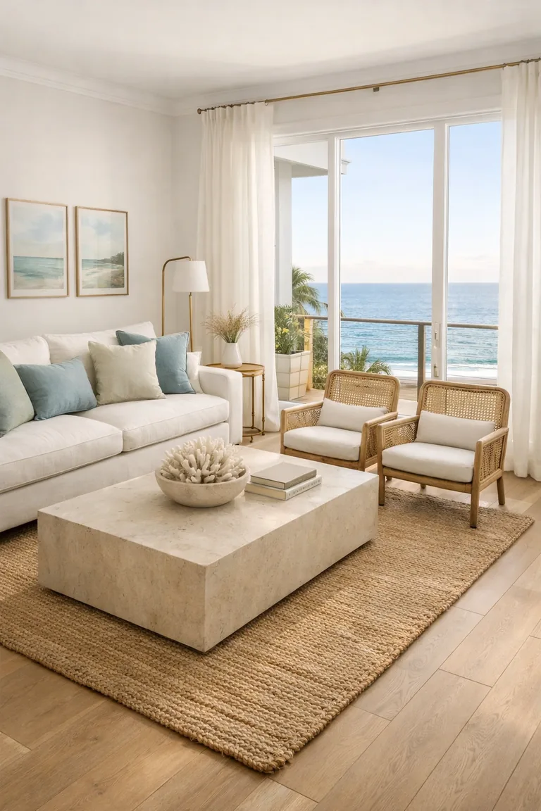 Bright coastal luxury living room with a white linen sofa, blue and green cushions, jute rug, sand-colored stone coffee table, rattan chairs, brass accents, and large windows with an ocean view.