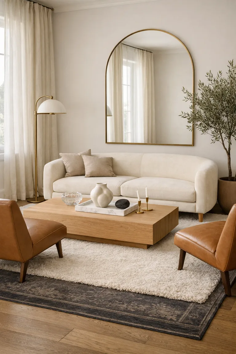 A luxury living room with layered cream and charcoal rugs, an ivory sofa, camel leather chairs, a light oak coffee table with sculptural decor, and an arched brass-framed mirror reflecting daylight.