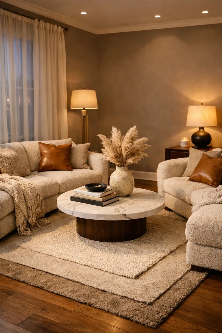 Two cream bouclé sofas facing each other around a round white marble coffee table on layered neutral rugs, lit by warm brass floor lamps and a table lamp in a taupe living room with wood floors and sheer curtains.