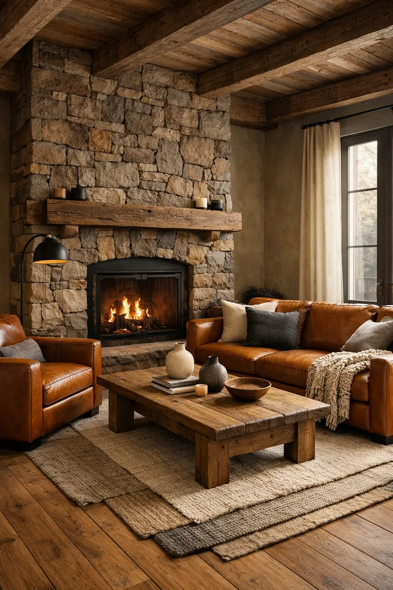 Luxury rustic living room with a stone fireplace wall, exposed wood ceiling beams, cognac leather seating, a wooden coffee table, and layered neutral rugs in warm light.