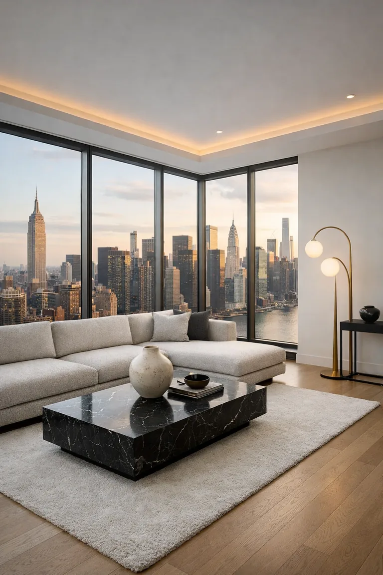A high-rise living room with floor-to-ceiling windows overlooking a city skyline, a light gray sectional, black marble coffee table, ivory rug, and minimal decor.