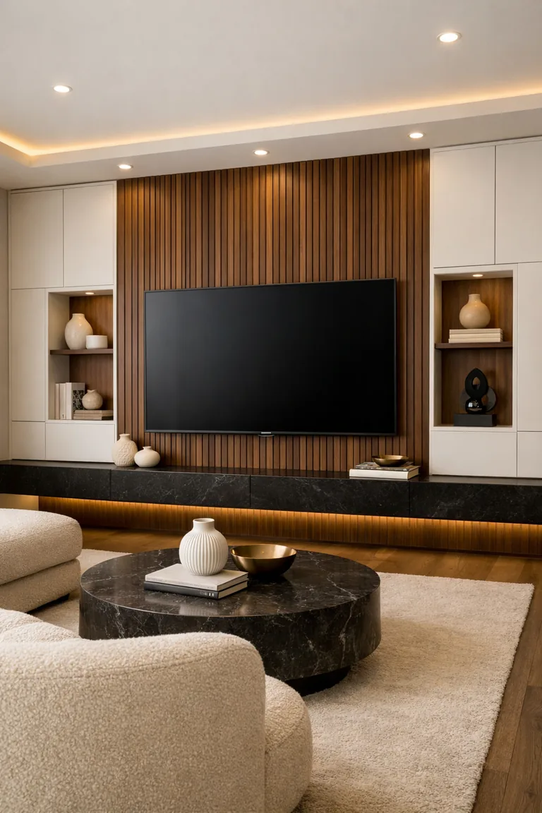 Modern living room with a walnut slat TV wall, built-in white cabinets, a floating black stone console with LED lighting, and a cream curved sofa facing a round dark marble coffee table on a beige rug.