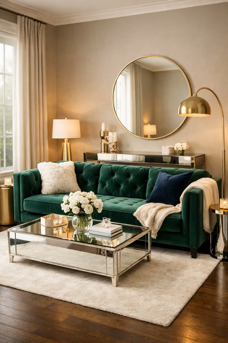 A glam living room with an emerald velvet sofa, mirrored coffee table, gold-framed round wall mirror, metallic side tables, and a gold floor lamp on an ivory rug.