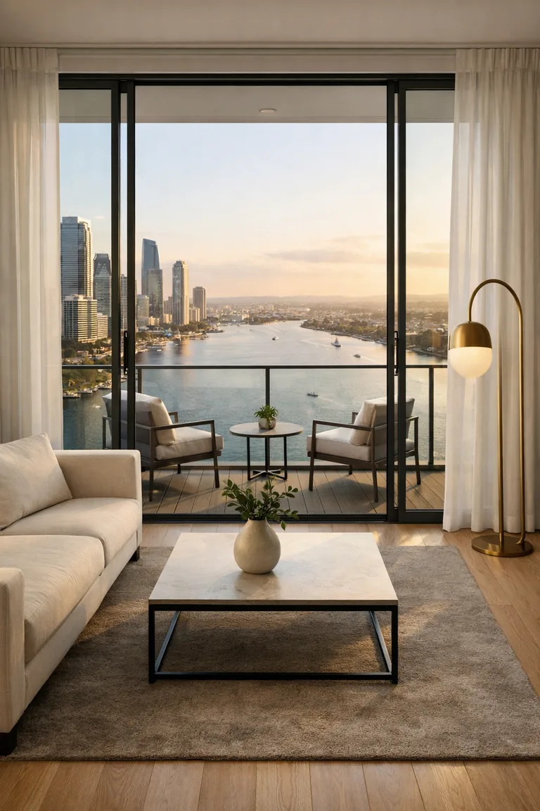 A sleek neutral living room with an ivory sofa and slim coffee table facing floor-to-ceiling sliding glass doors that open to a balcony with two chairs, overlooking a panoramic city-and-water view.